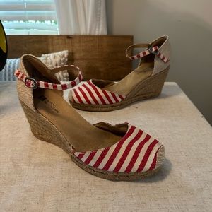 Red and white striped espadrille wedges. Size 8.5